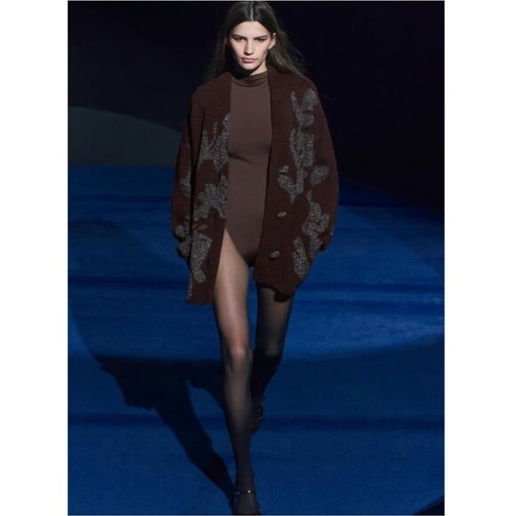 Zara Women Sweater Cardigan Coat L XL Wine Metallic Thread Jacquard 2756/128 NWT - Picture 2 of 15